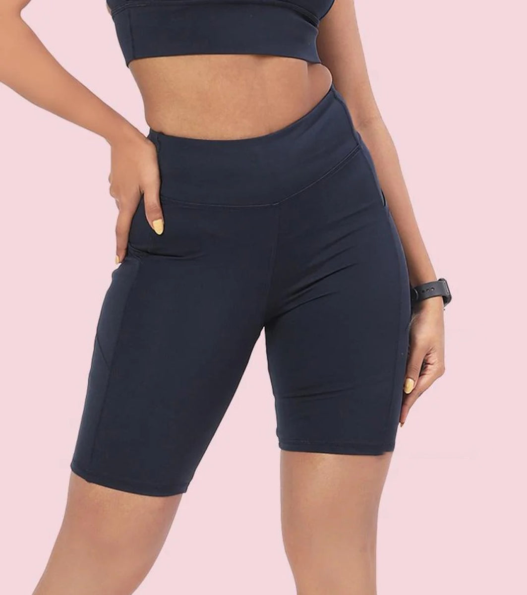 Womens High-Waist Knee-Length Cycling Shorts with Side Pockets