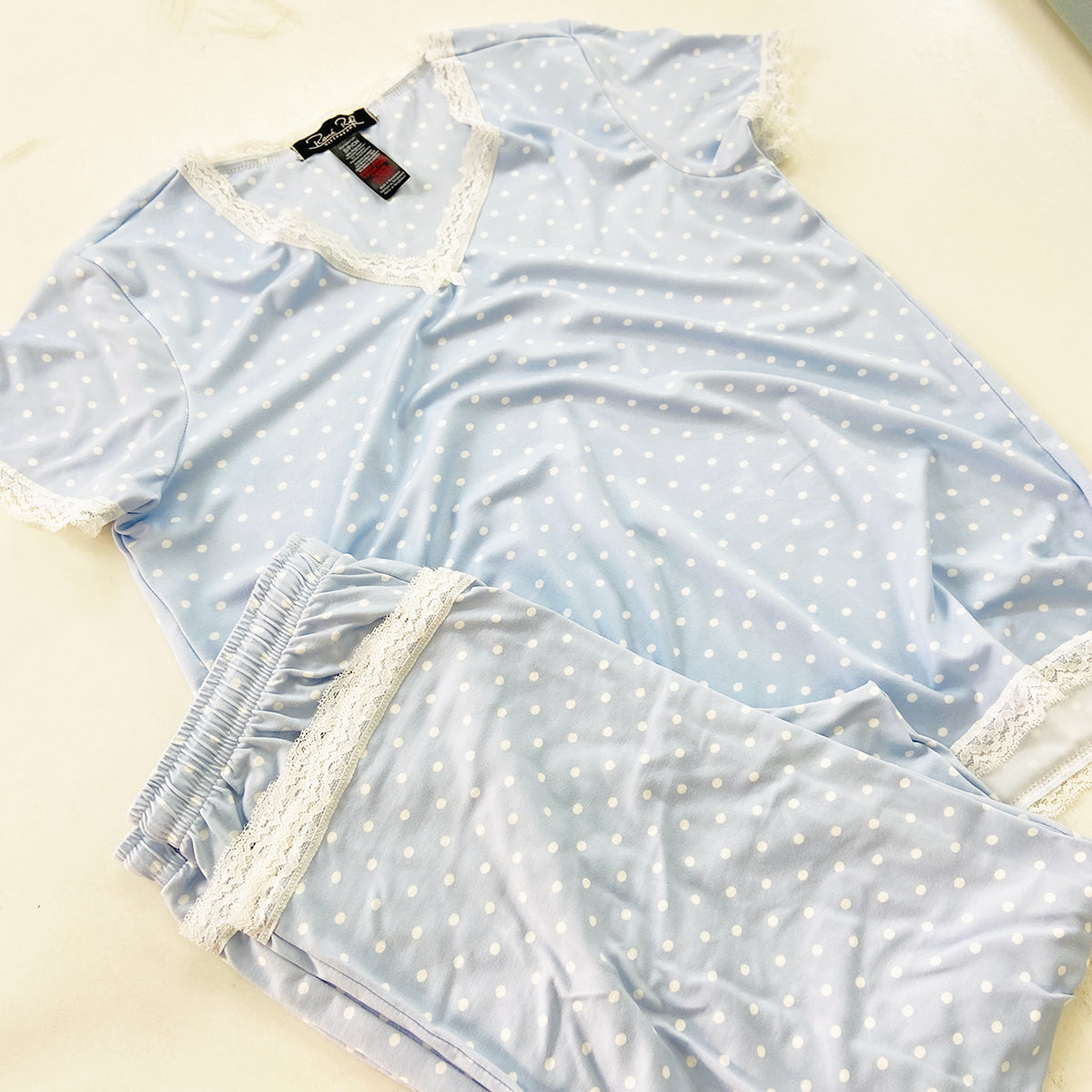 Womens Polka Dot Soft Stretch Lace Trim Sleepwear 3/4 Pajama Set