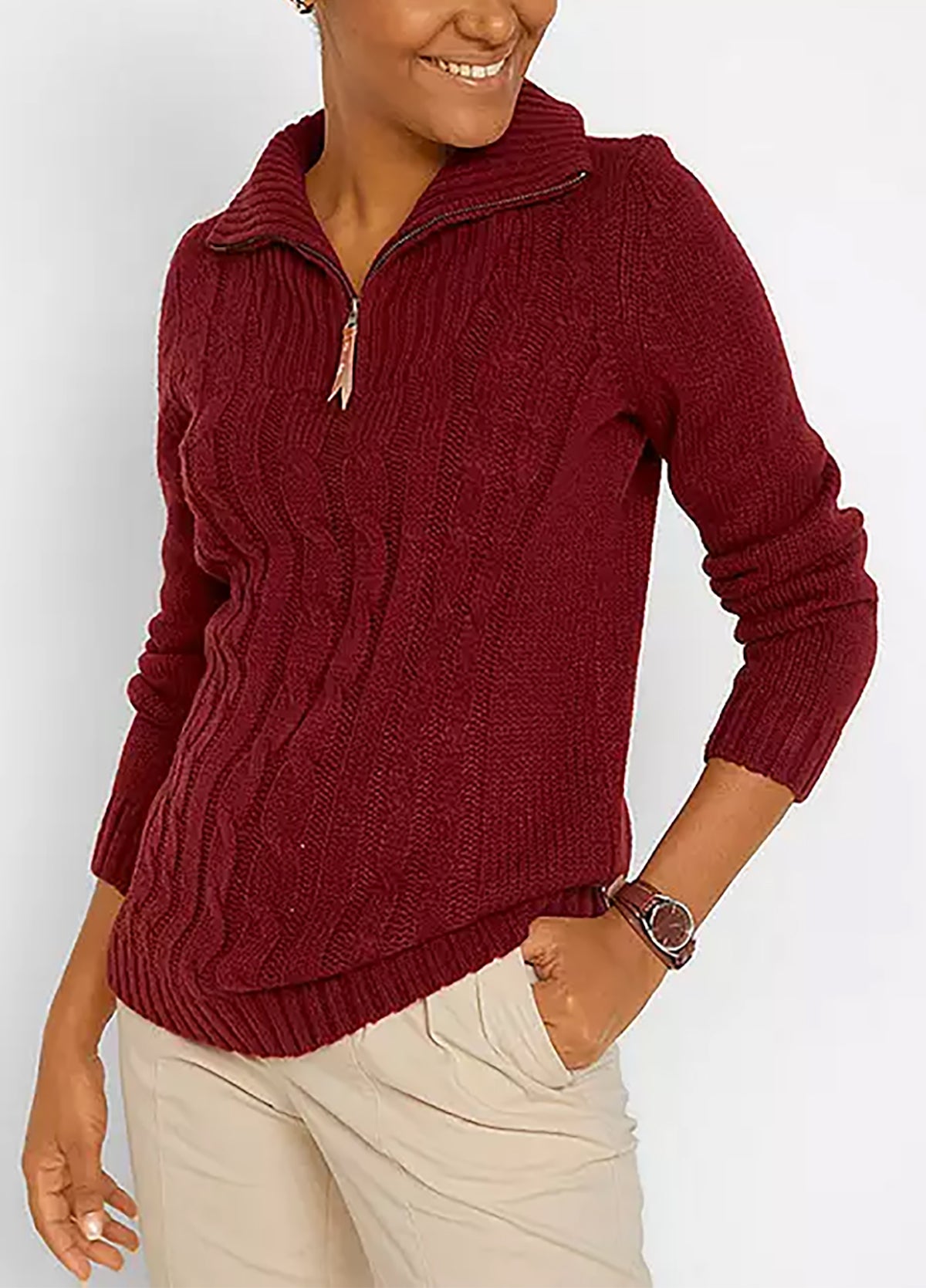Womens Cable Knit Quarter Zip Pullover Sweater