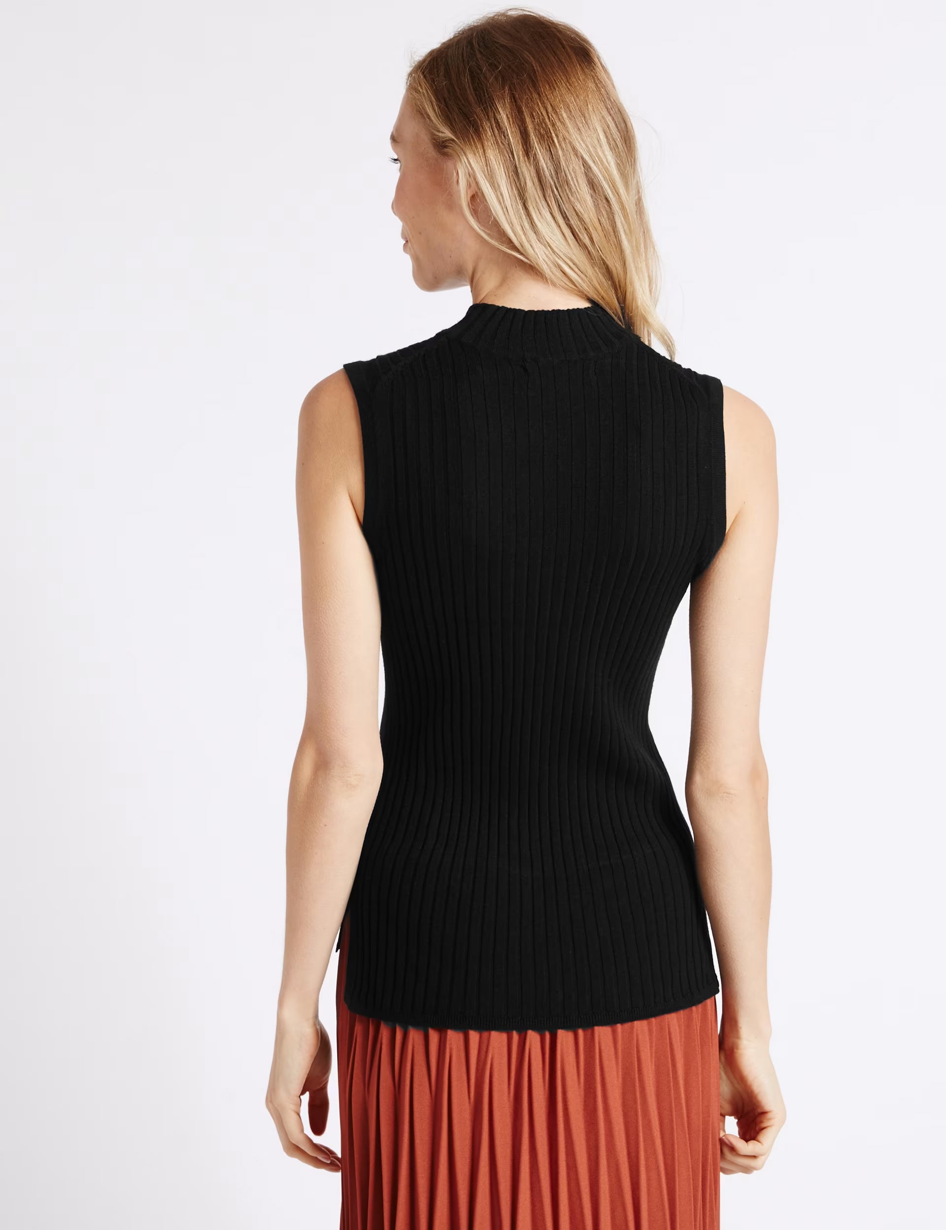 Womens Ribbed Funnel Neck Sleeveless Jumper