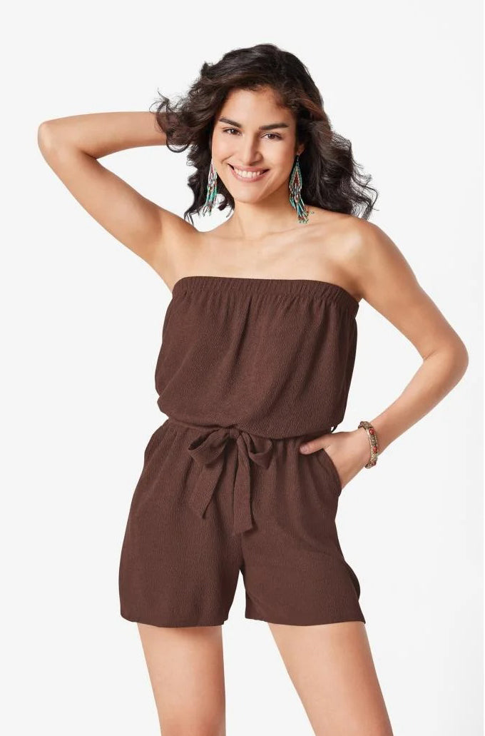 Women Off Shoulder Drawstring Waist Lightweight Crinkle Culotte Tube Top