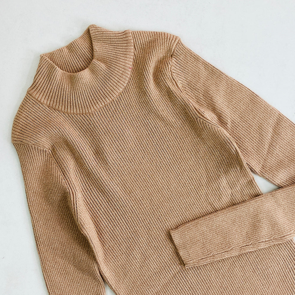 Womens Mock Neck Ribbed Glitter Sweater Top