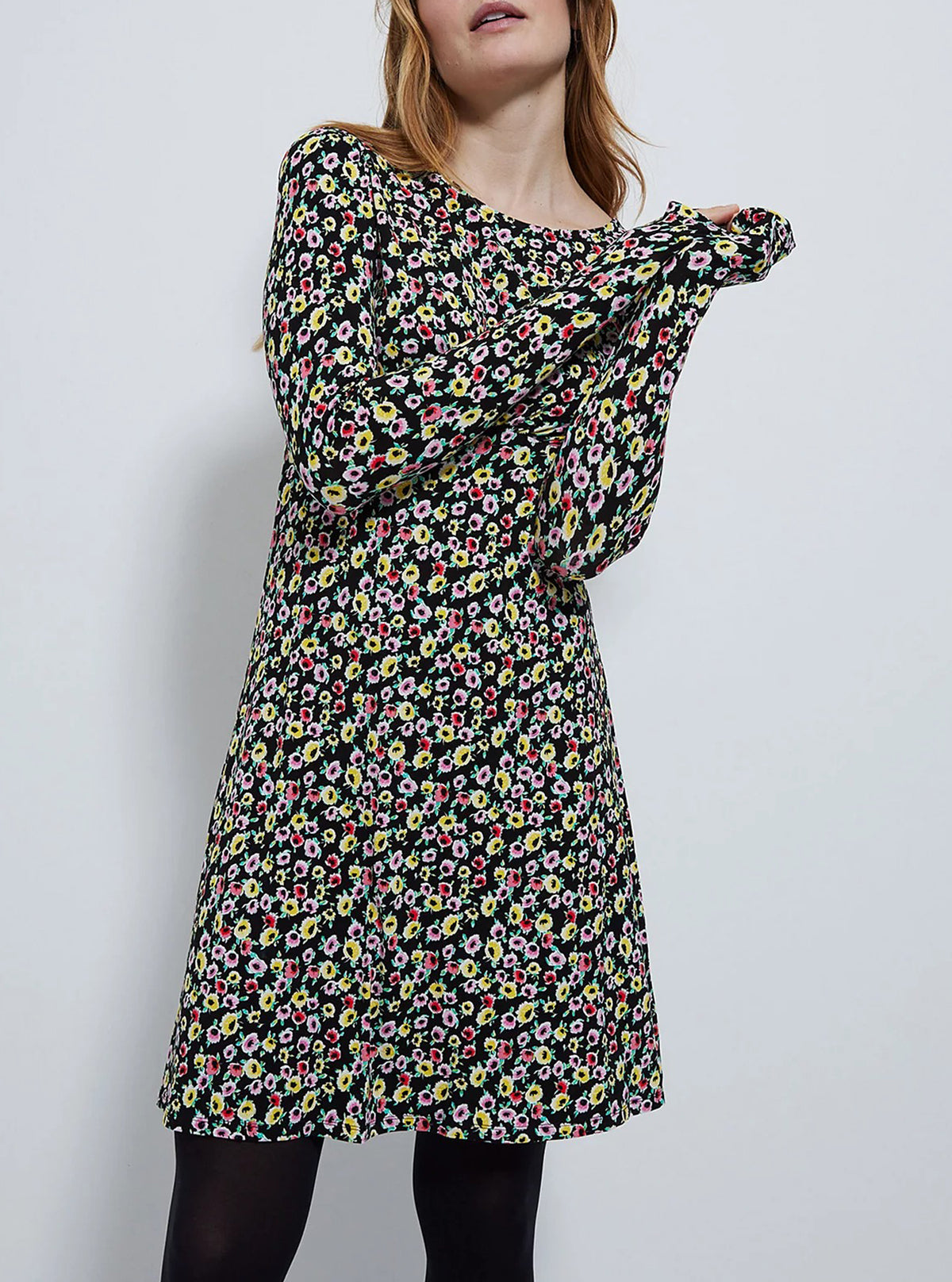 Womens Long Sleeve Crew Neck Printed Mini Dress