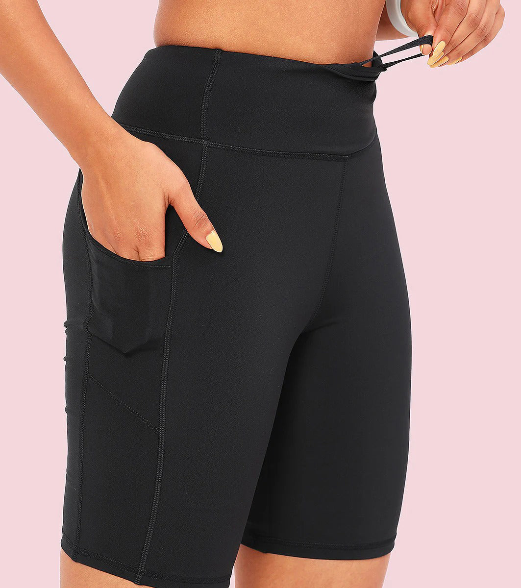 Womens High-Waist Knee-Length Cycling Shorts with Side Pockets