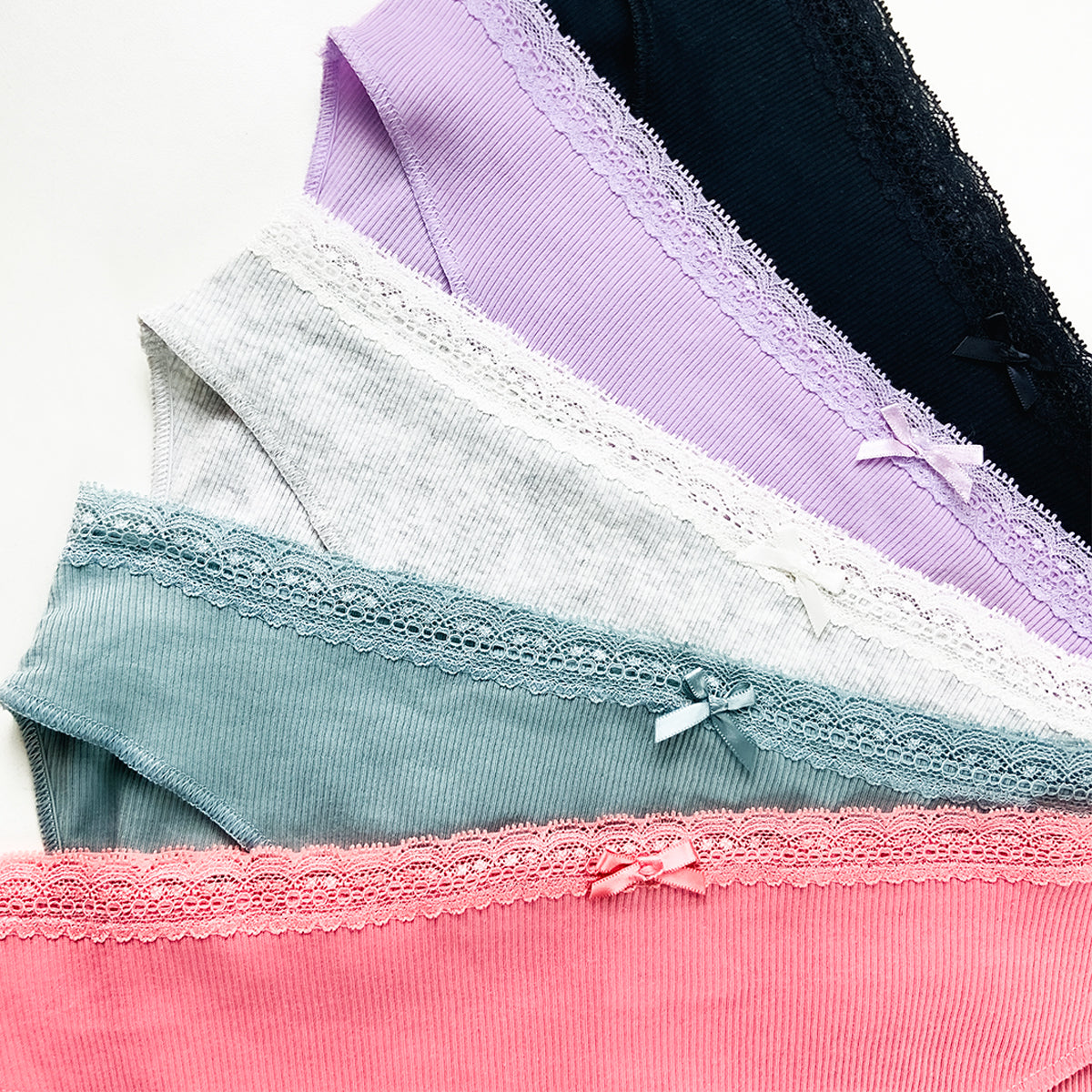 Pack of 5 Womens Ribbed Cotton Lace Waist Half Back Briefs Panty