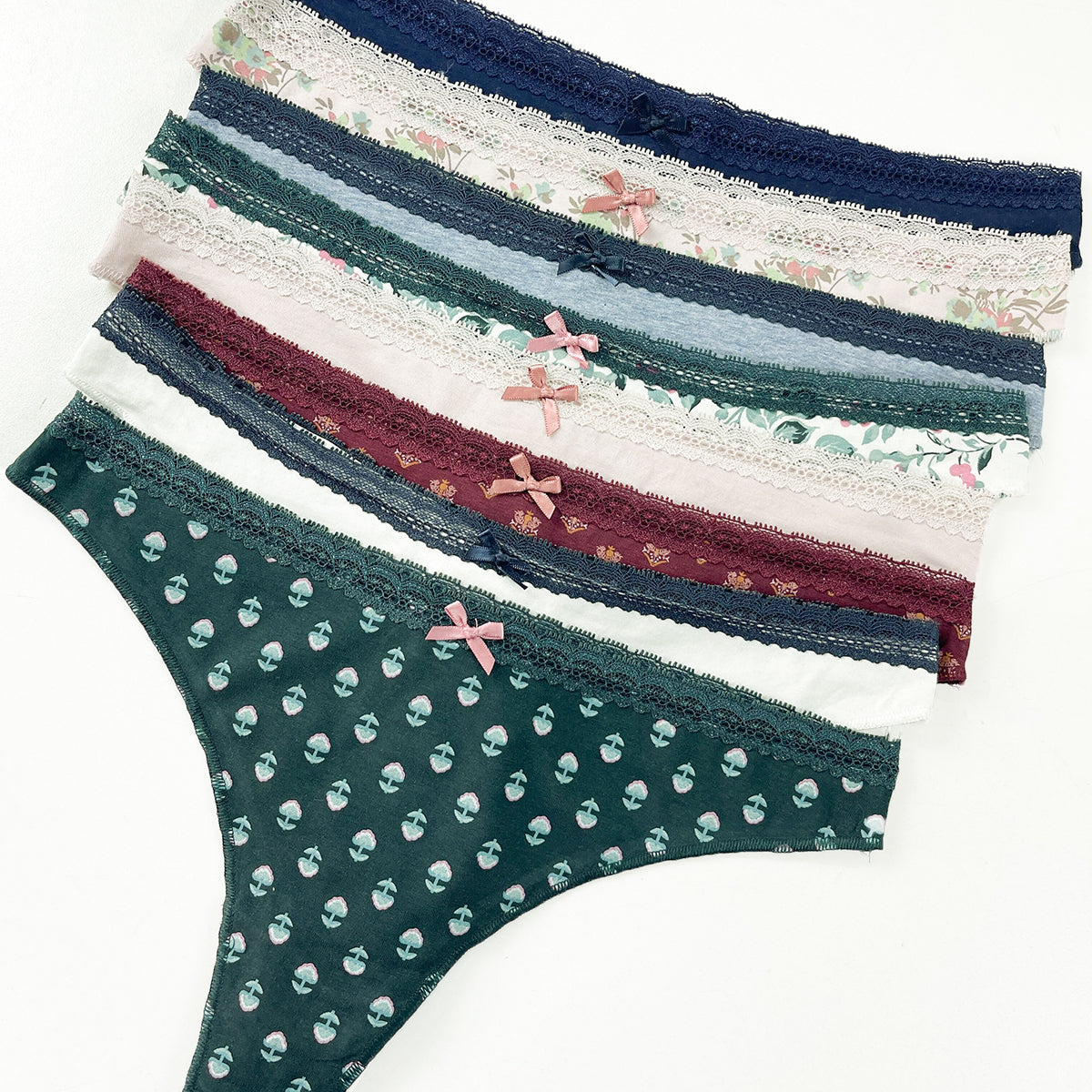 Pack of 5 Womens Soft Cotton Floral & Solid Lace Trim Thong Panty