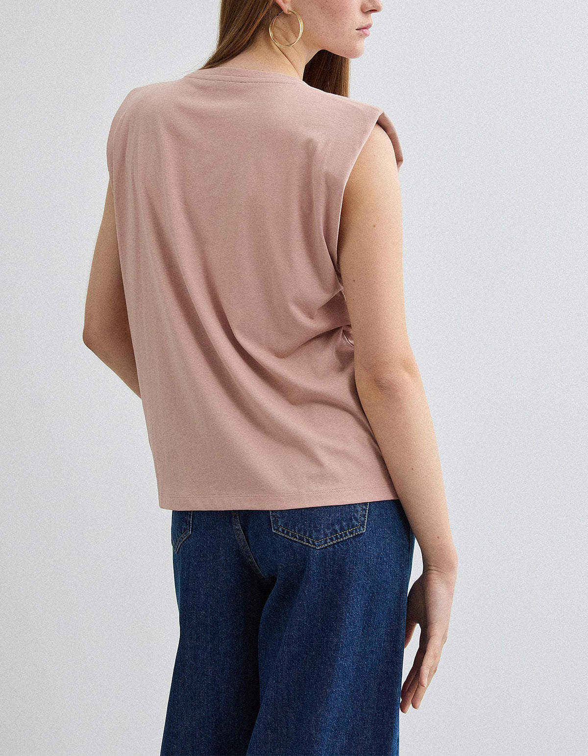 Womens Cotton Shoulder Pad Rhinestone Sleeveless Top