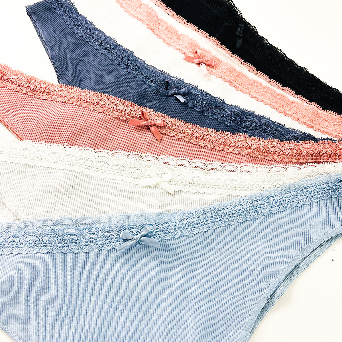 Pack of 5 Womens Ribbed Cotton Lace Thong Panty