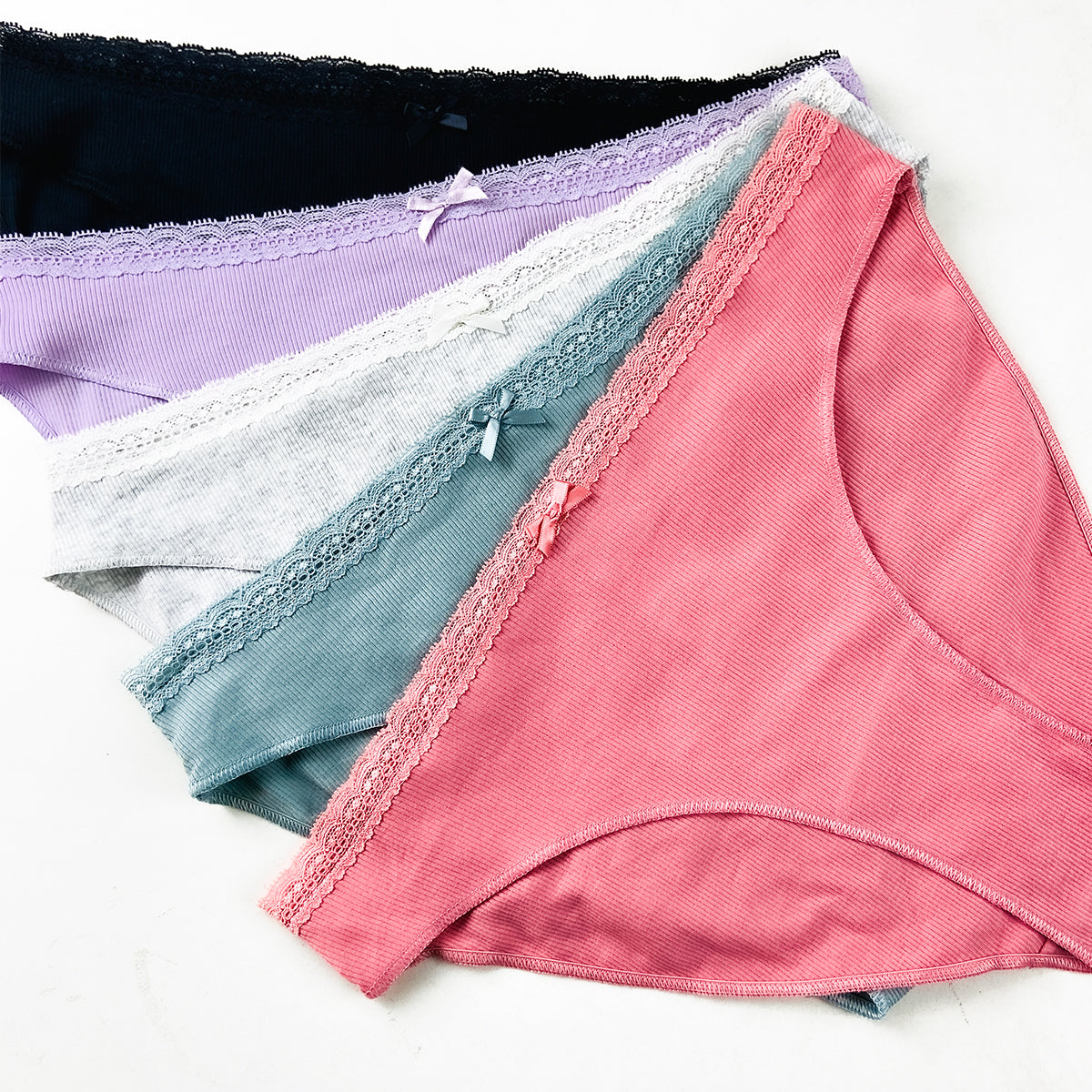 Pack of 5 Womens Ribbed Cotton Lace Waist Half Back Briefs Panty