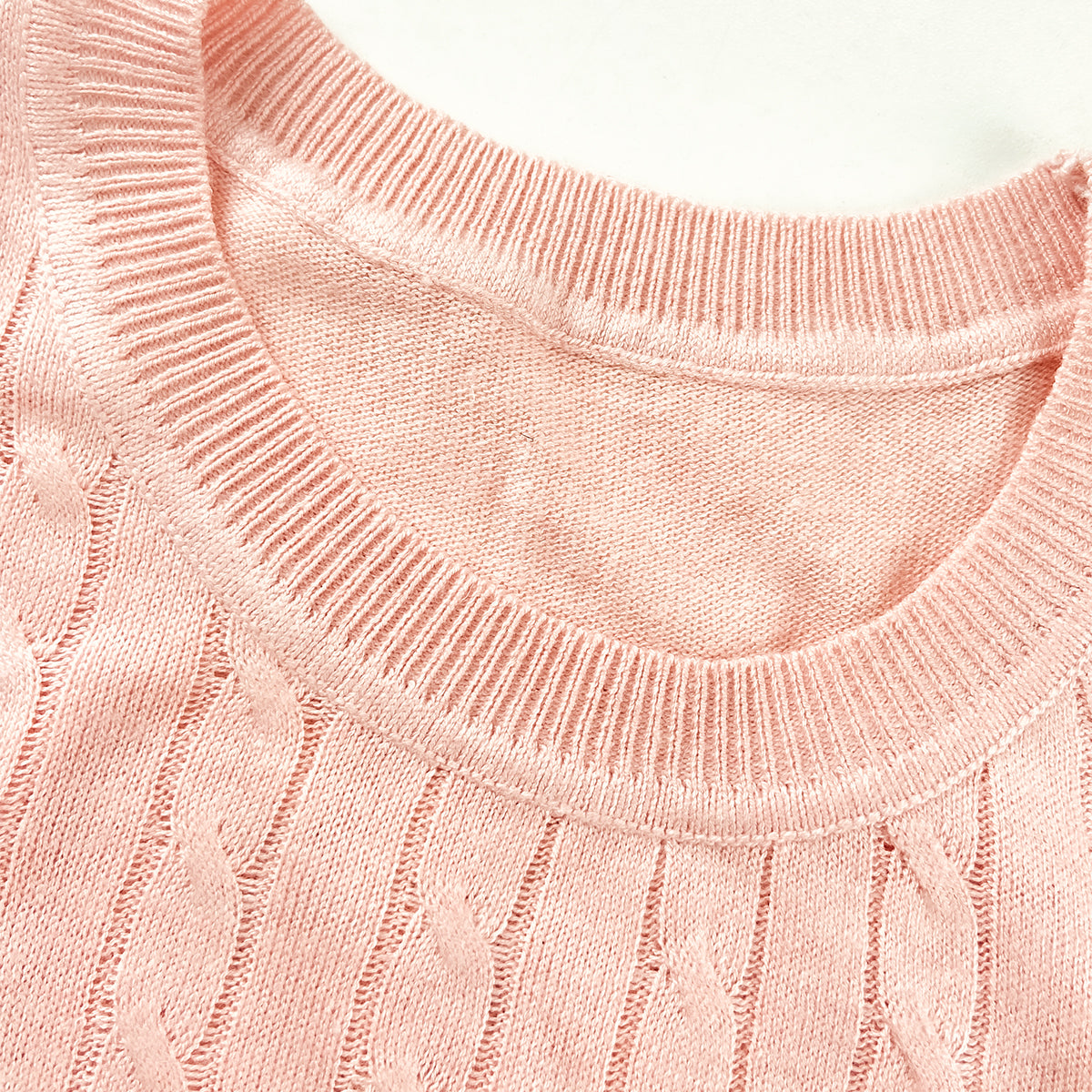 Womens Round Neck Premium Cable Knit Short Sleeve Sweater