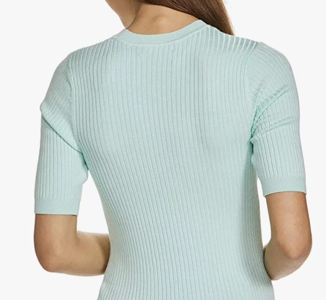 Ladies Short Sleeve Ribbed Crew Neck Knitted Sweater