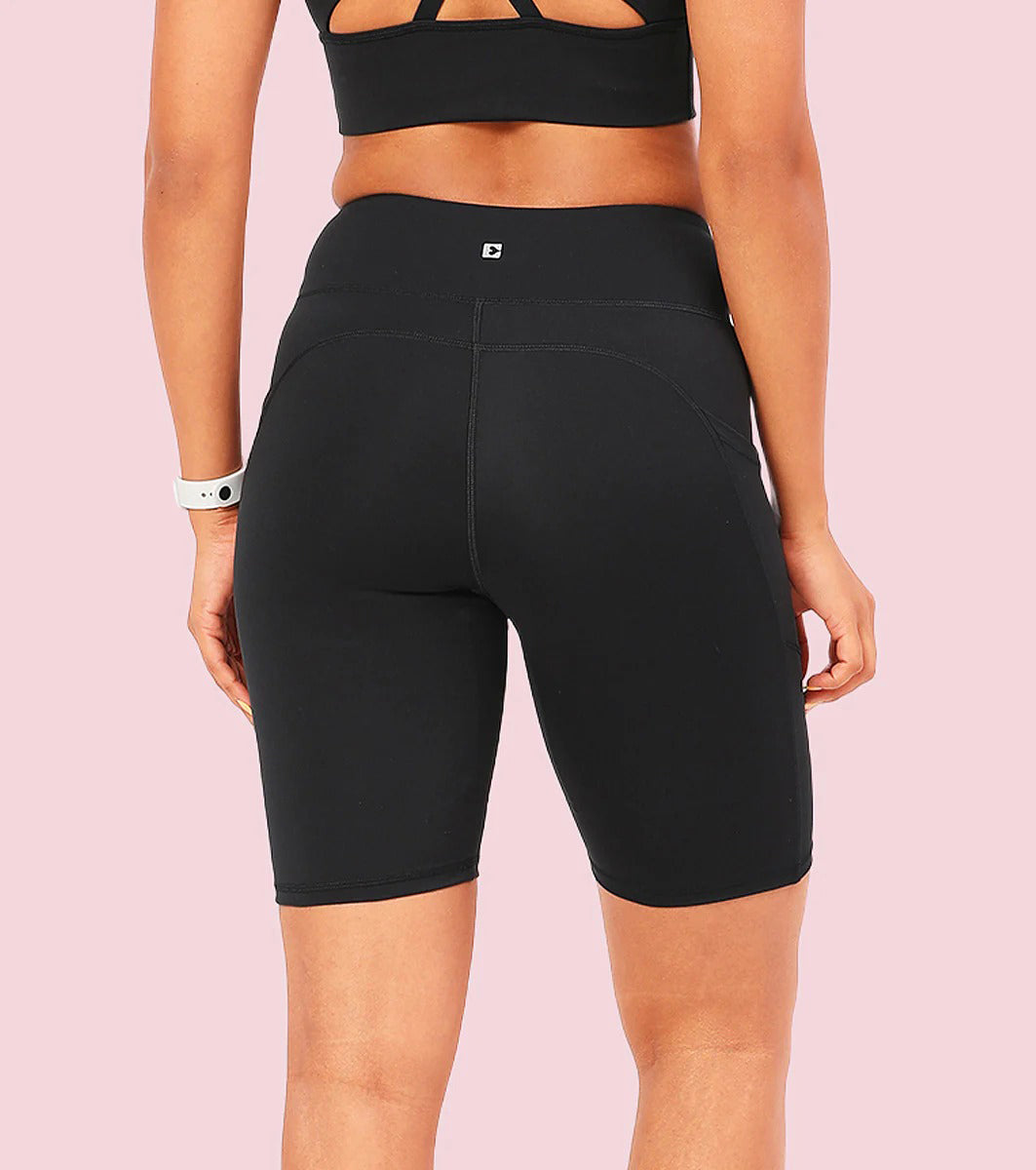 Womens High-Waist Knee-Length Cycling Shorts with Side Pockets