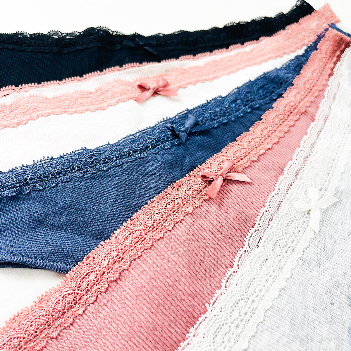 Pack of 5 Womens Ribbed Cotton Lace Thong Panty