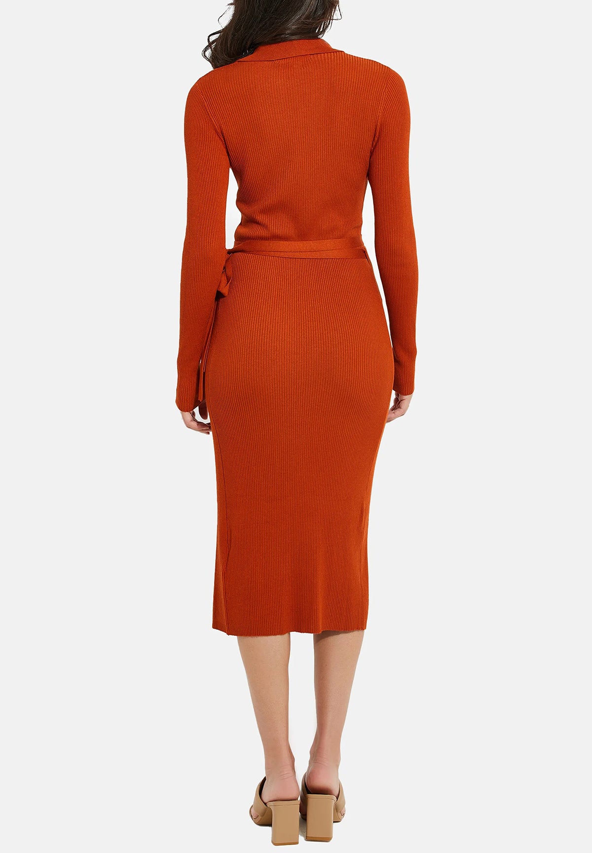 Womens Long Sleeve Ribbed Knit Wrap Collared Midi Belted Bodycon