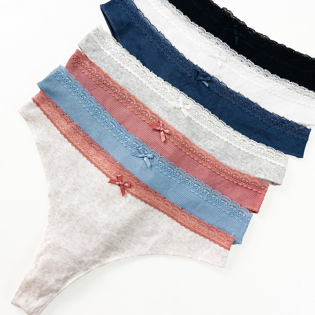 Pack of 5 Womens Ribbed Cotton Lace Thong Panty