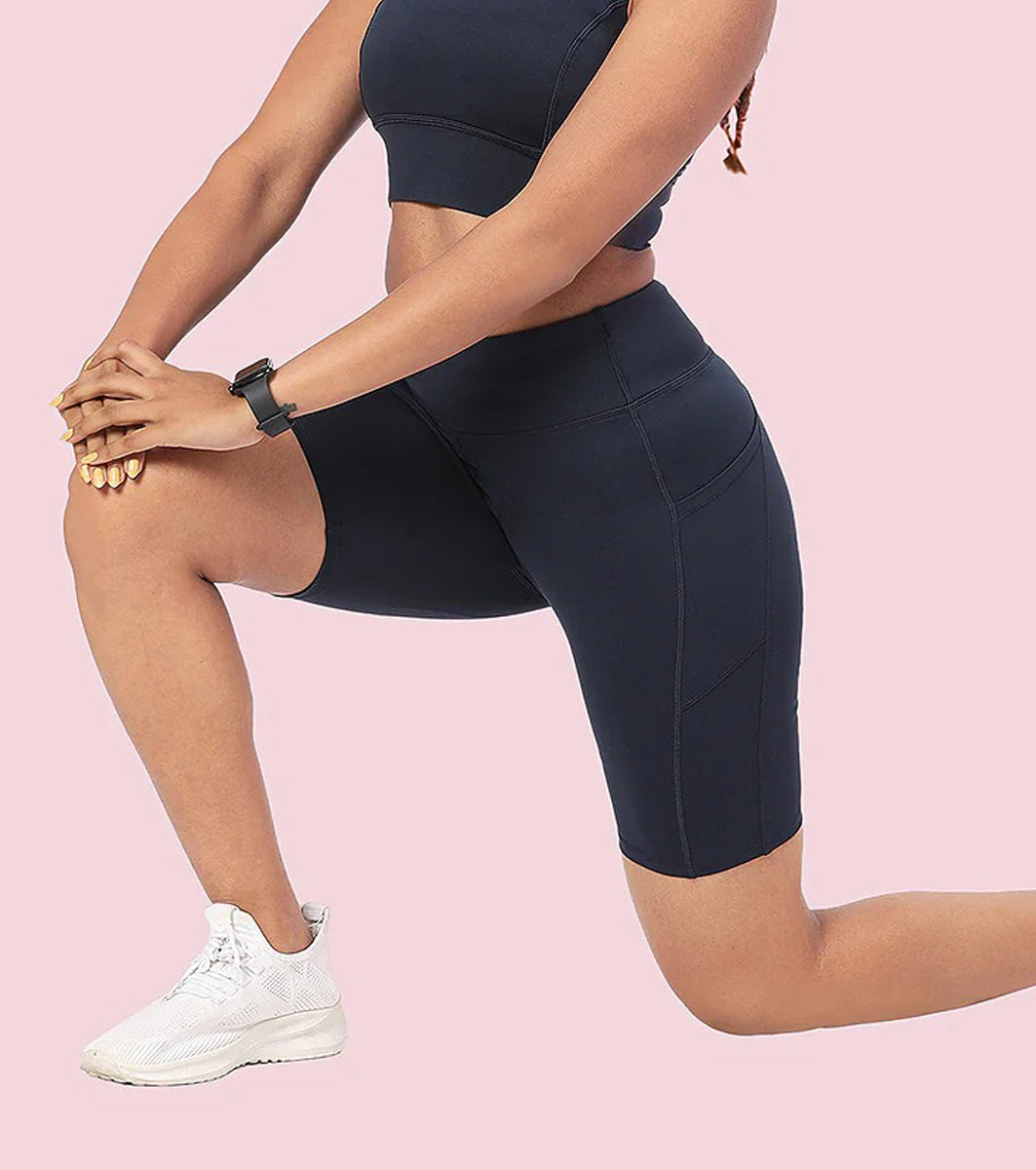 Womens High-Waist Knee-Length Cycling Shorts with Side Pockets