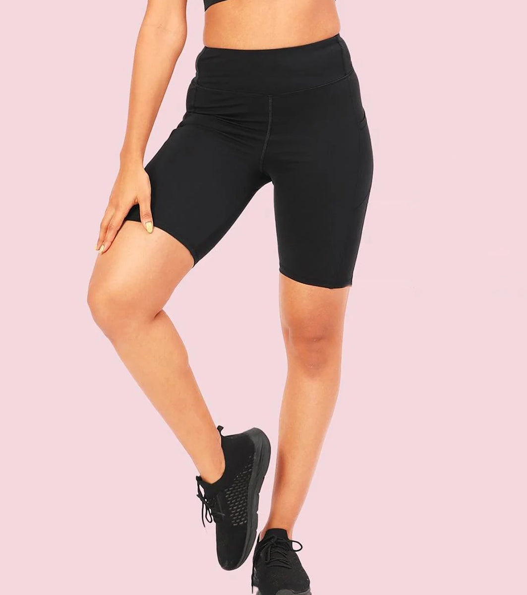Womens High-Waist Knee-Length Cycling Shorts with Side Pockets