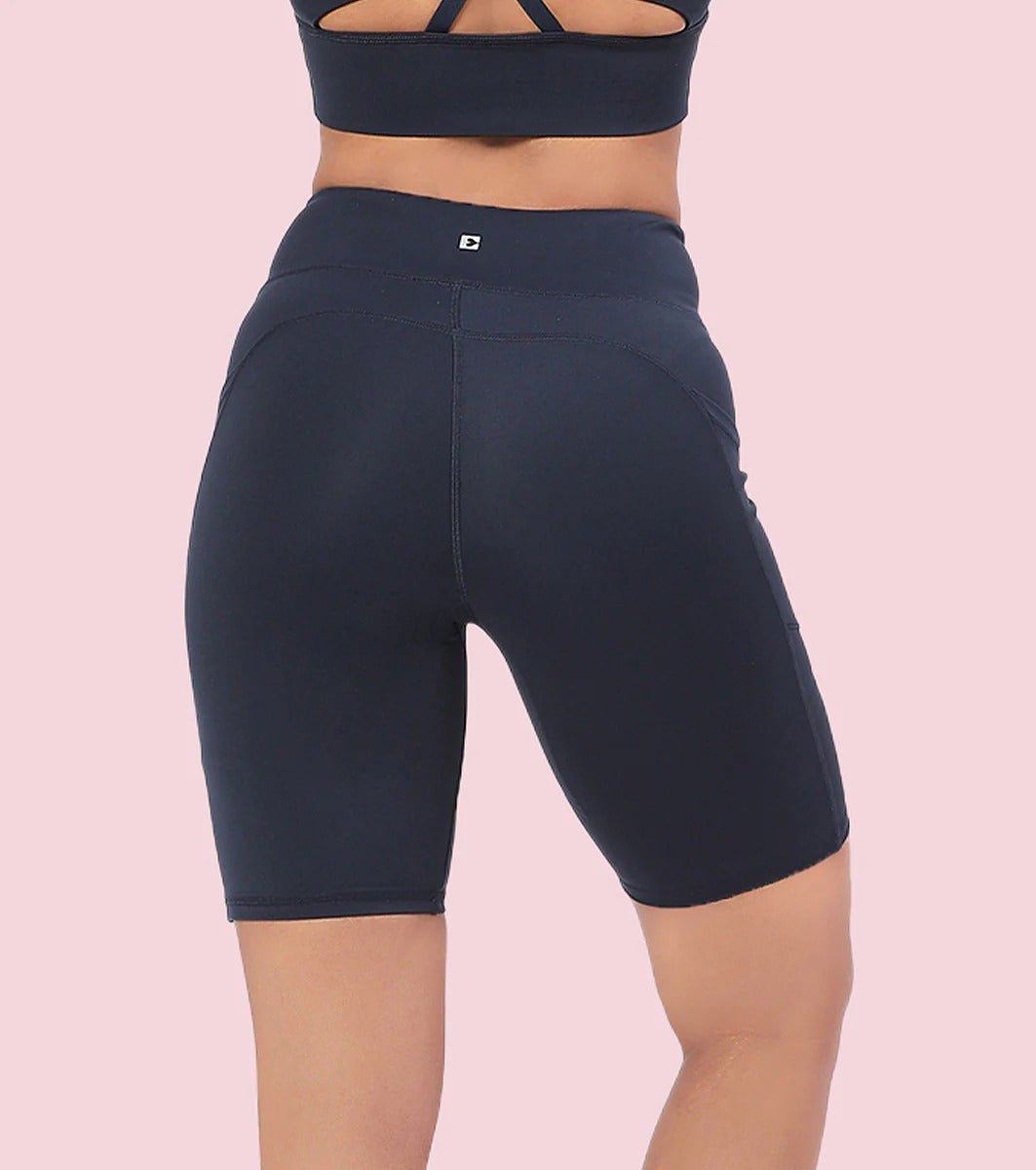 Womens High-Waist Knee-Length Cycling Shorts with Side Pockets