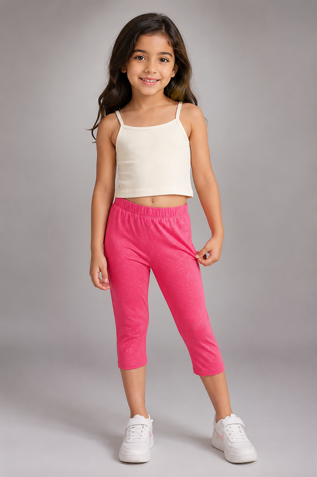 Girls Silver Glitter Spray Printed Cotton Capri Leggings