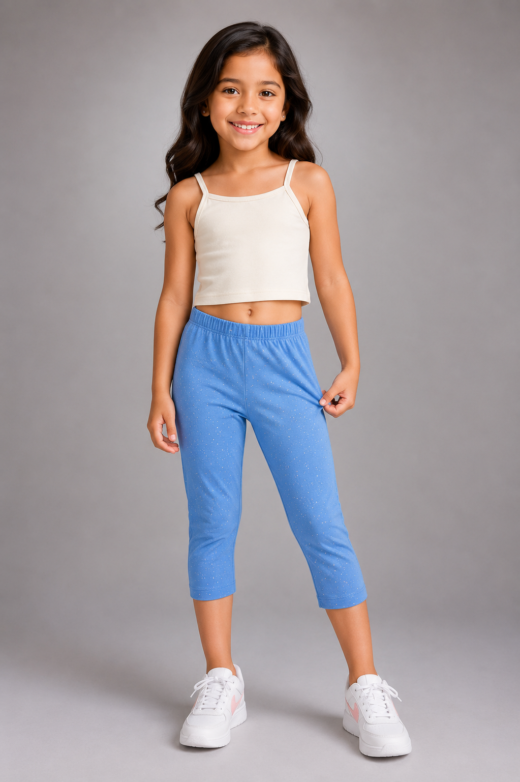 Girls Silver Glitter Spray Printed Cotton Capri Leggings