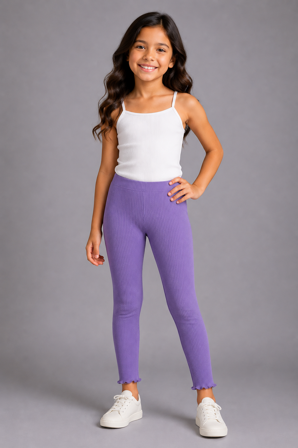 Girls Ribbed Purple Cotton Full Length Leggings