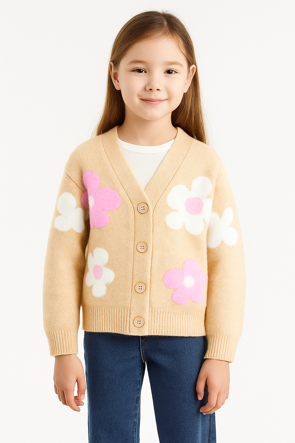 Girls Premium Floral Knit Button-Down Cardigan Sweater