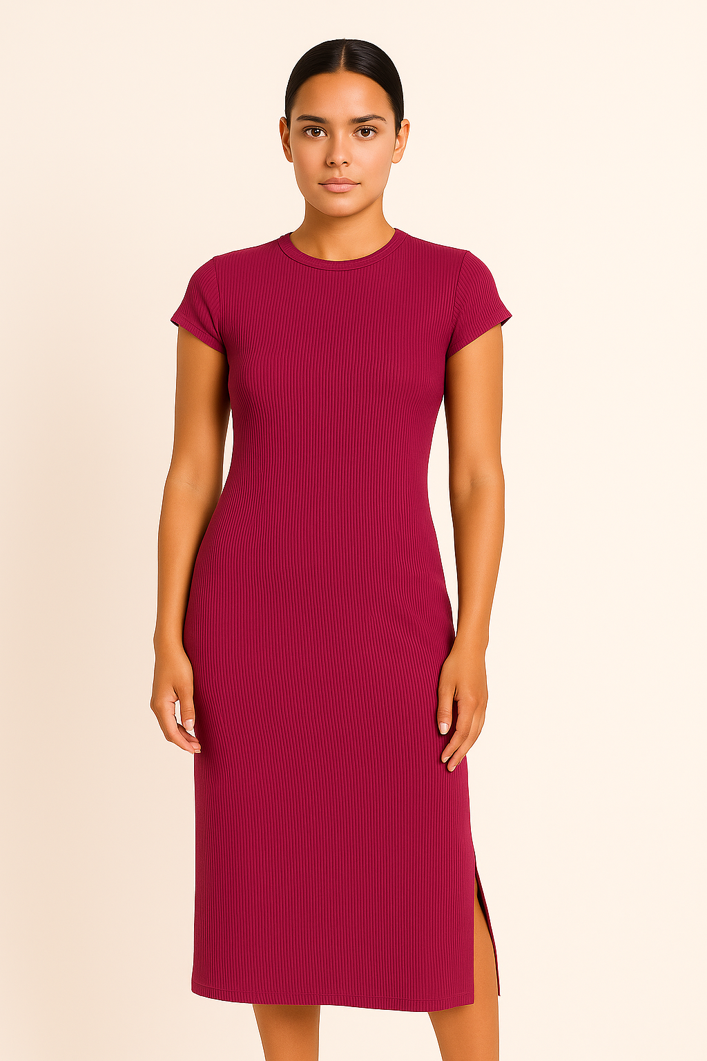 Womens Casual Side Slit Ribbed Midi Dress