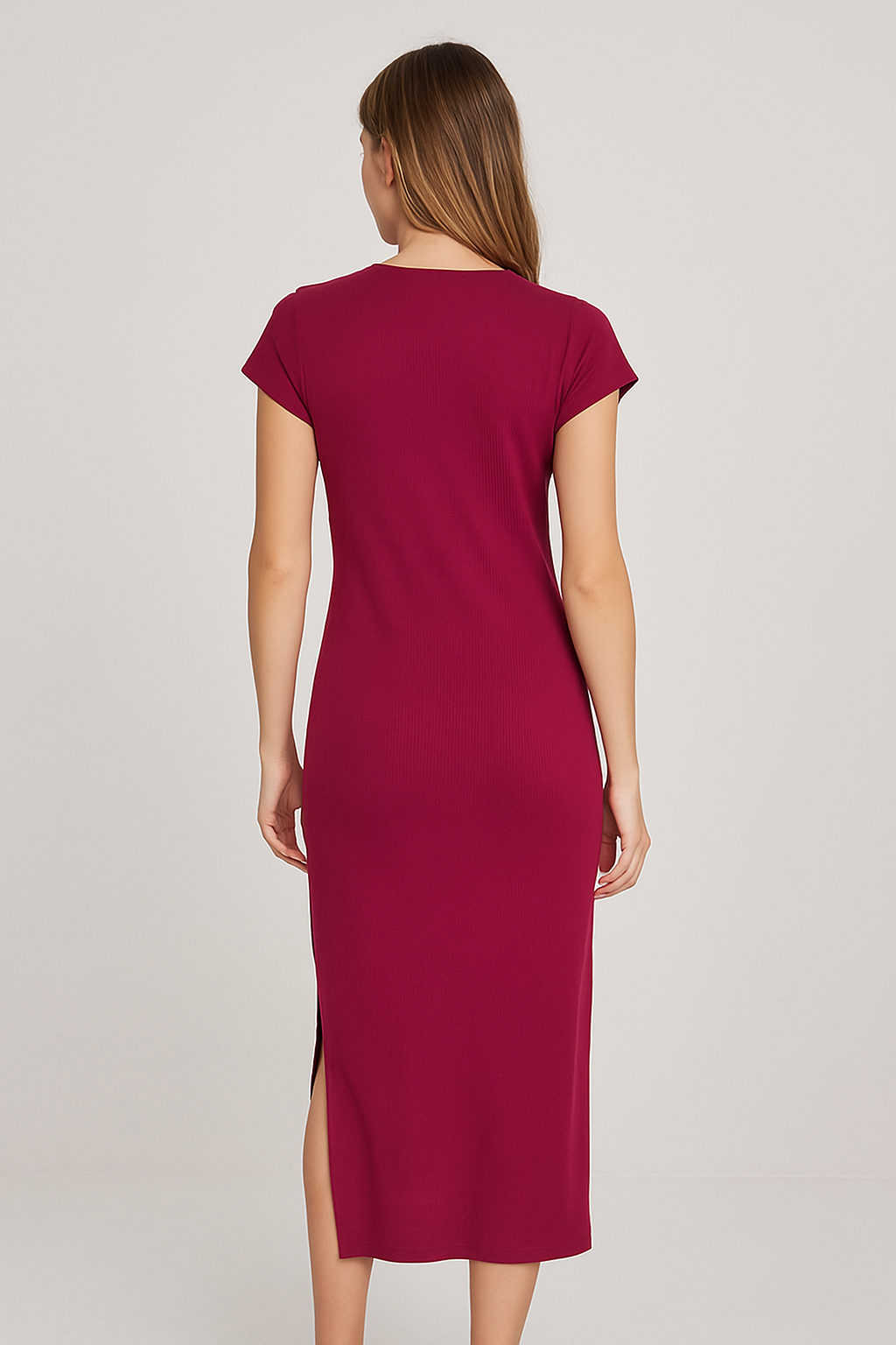Womens Casual Side Slit Ribbed Midi Dress