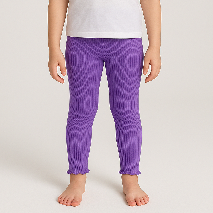 Girls Ribbed Purple Cotton Full Length Leggings