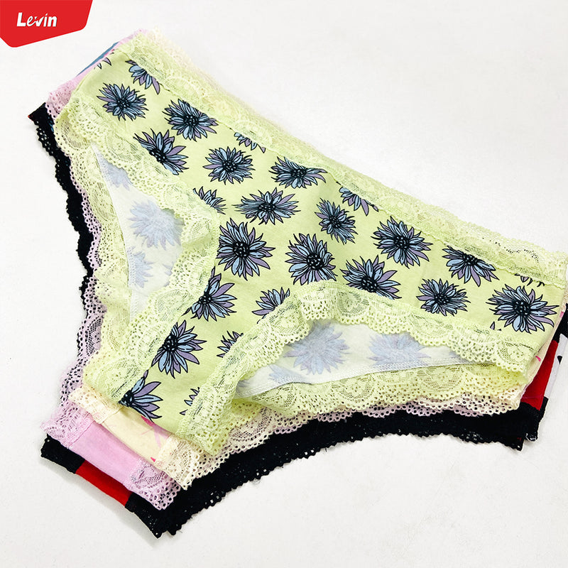 Womens Lace Trim Mid Rise Cotton Panty
