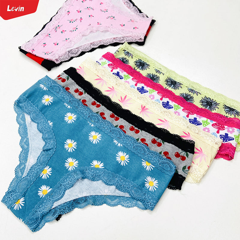 Womens Lace Trim Mid Rise Cotton Panty