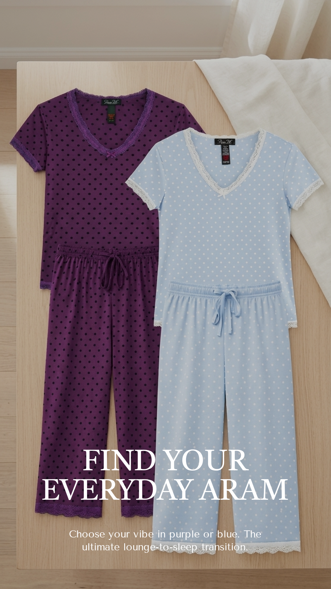 Womens Polka Dot Soft Stretch Lace Trim Sleepwear 3/4 Pajama Set