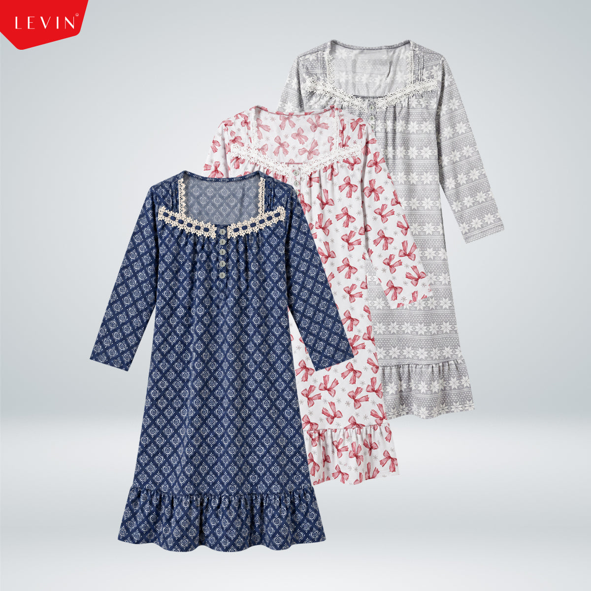 Women's Printed Lace-Neck Long-Sleeve Nightgown Dress with Ruffle Hem