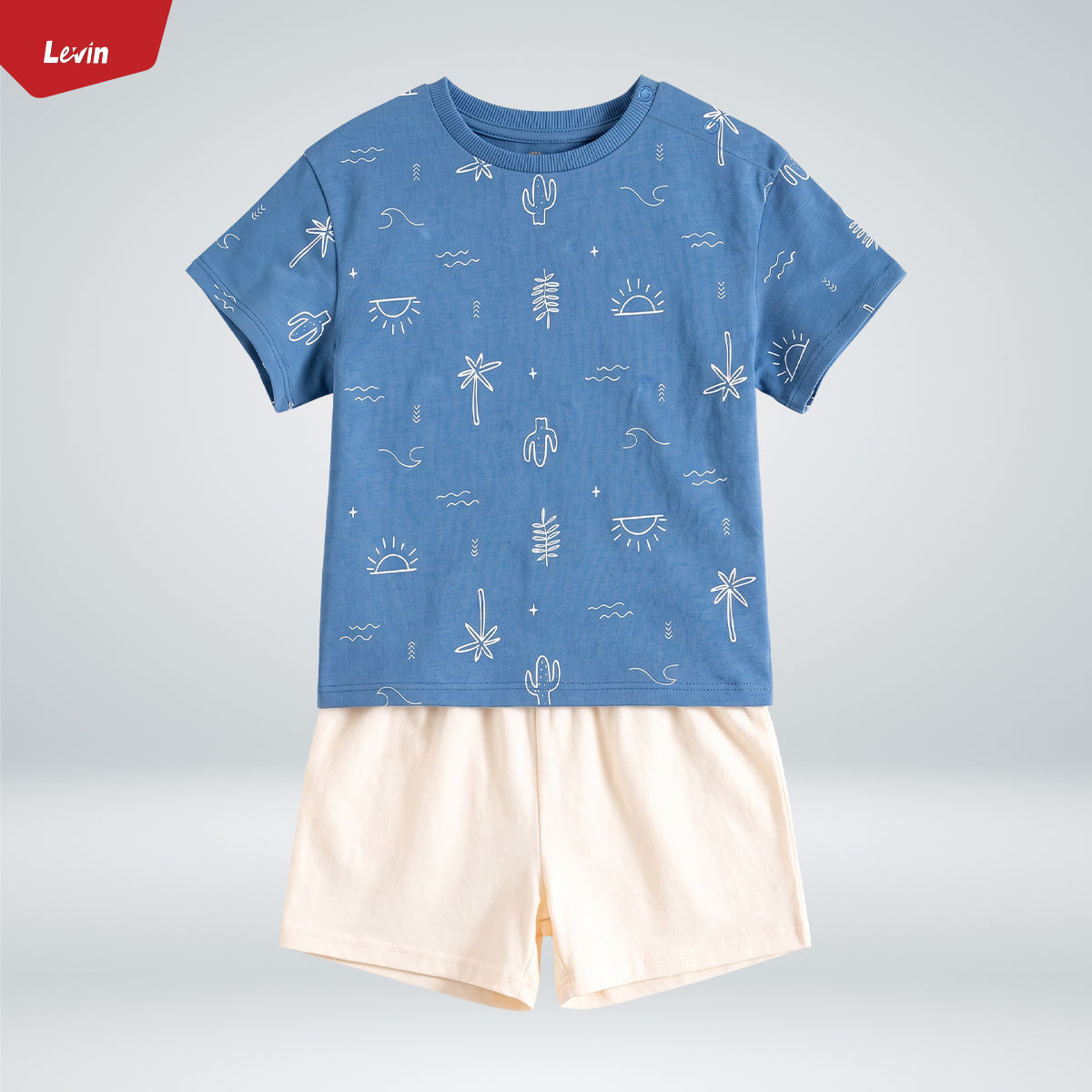 Baby Boys 2-Piece Blue Print Cotton T-Shirt & Shorts Set – With Button