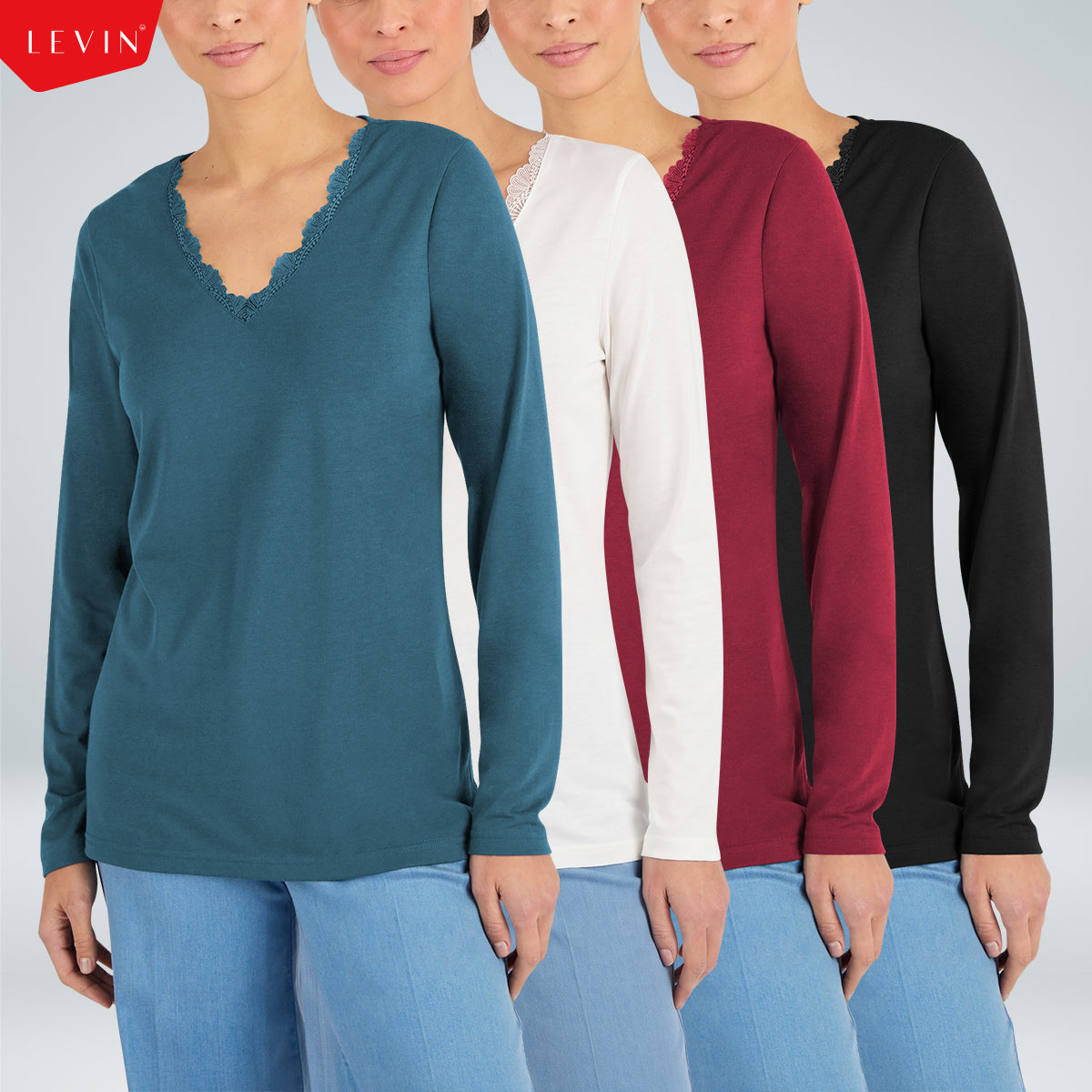 Women’s Thermal Long Sleeve Lace Trim V-Neck T-Shirt