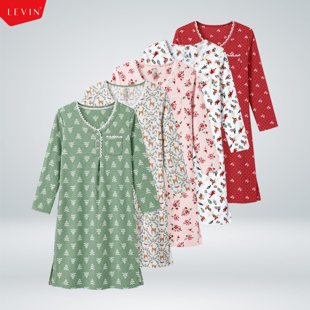 Women's Printed Long-Sleeve Lace-Trim Henley Nightgown Dress