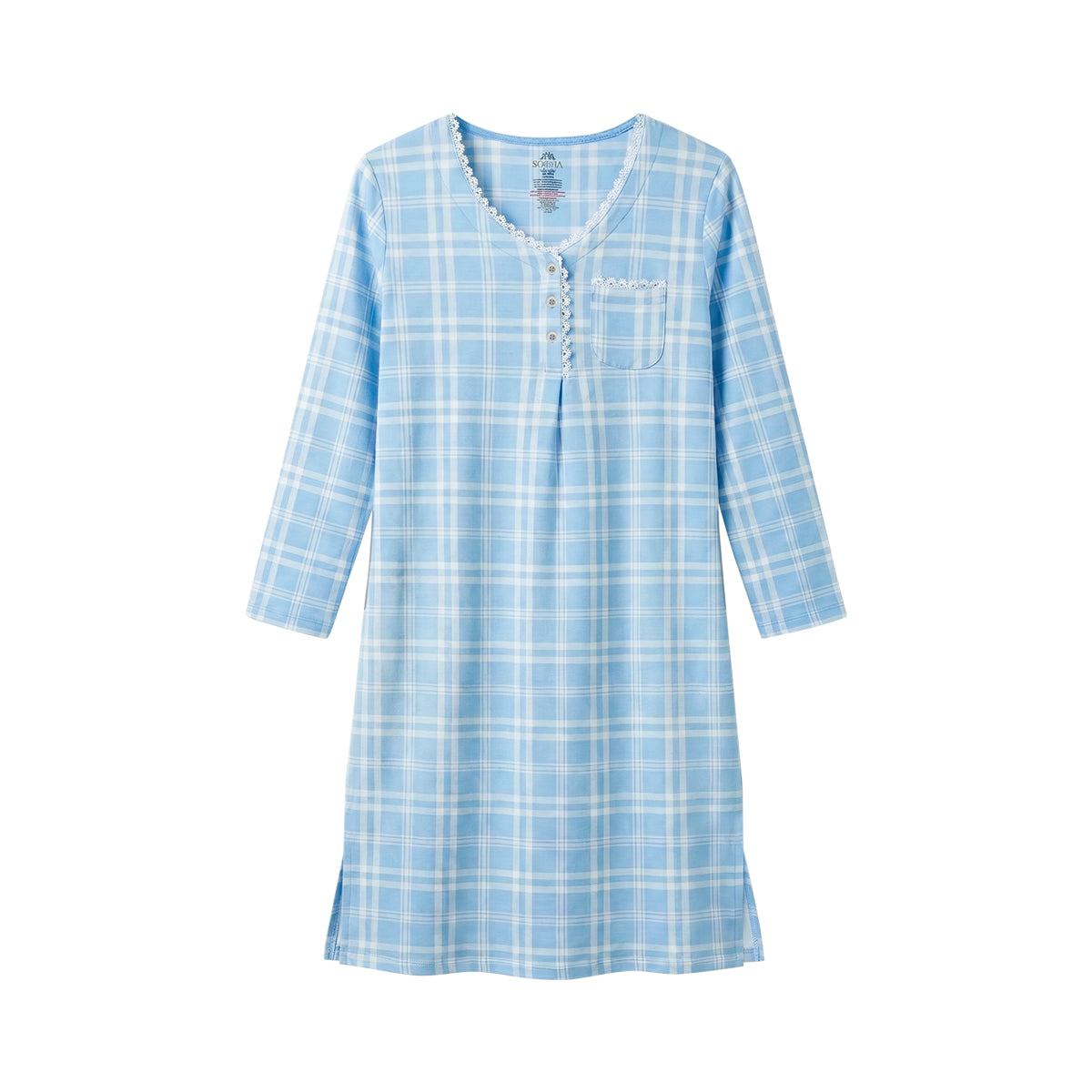 Women's Printed Long-Sleeve Lace-Trim Henley Nightgown Dress