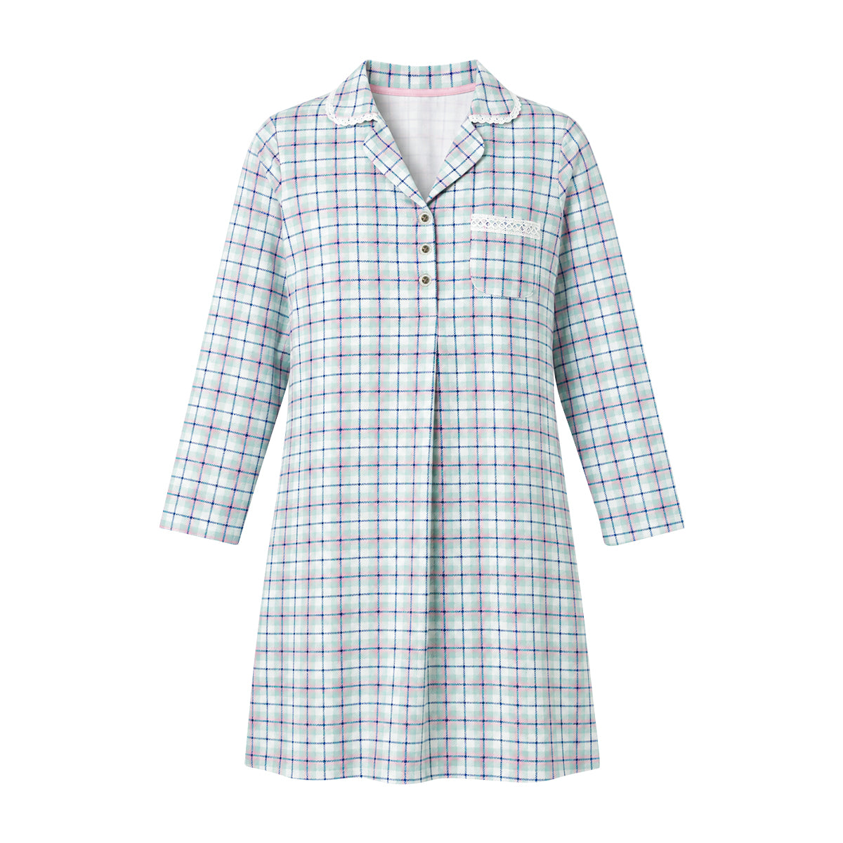 Women's Printed Long-Sleeve Lace-Trim Collared Nightgown Dress