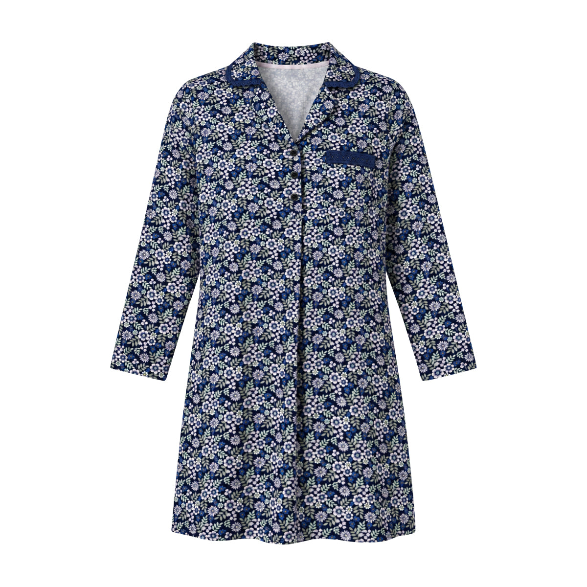 Women's Printed Long-Sleeve Lace-Trim Collared Nightgown Dress