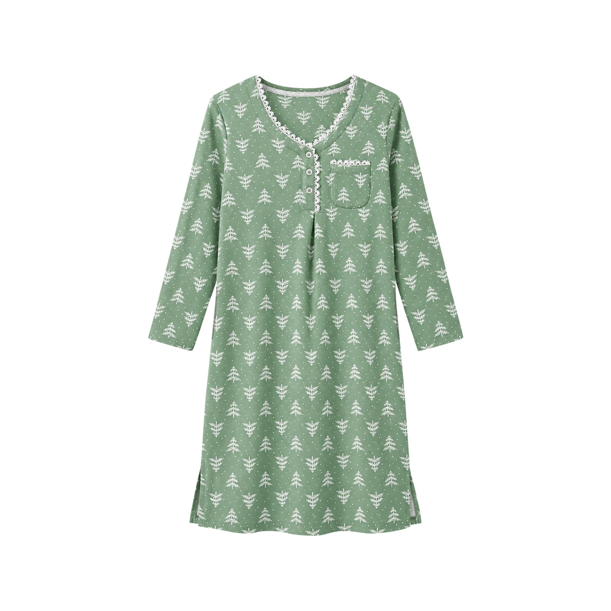 Women's Printed Long-Sleeve Lace-Trim Henley Nightgown Dress