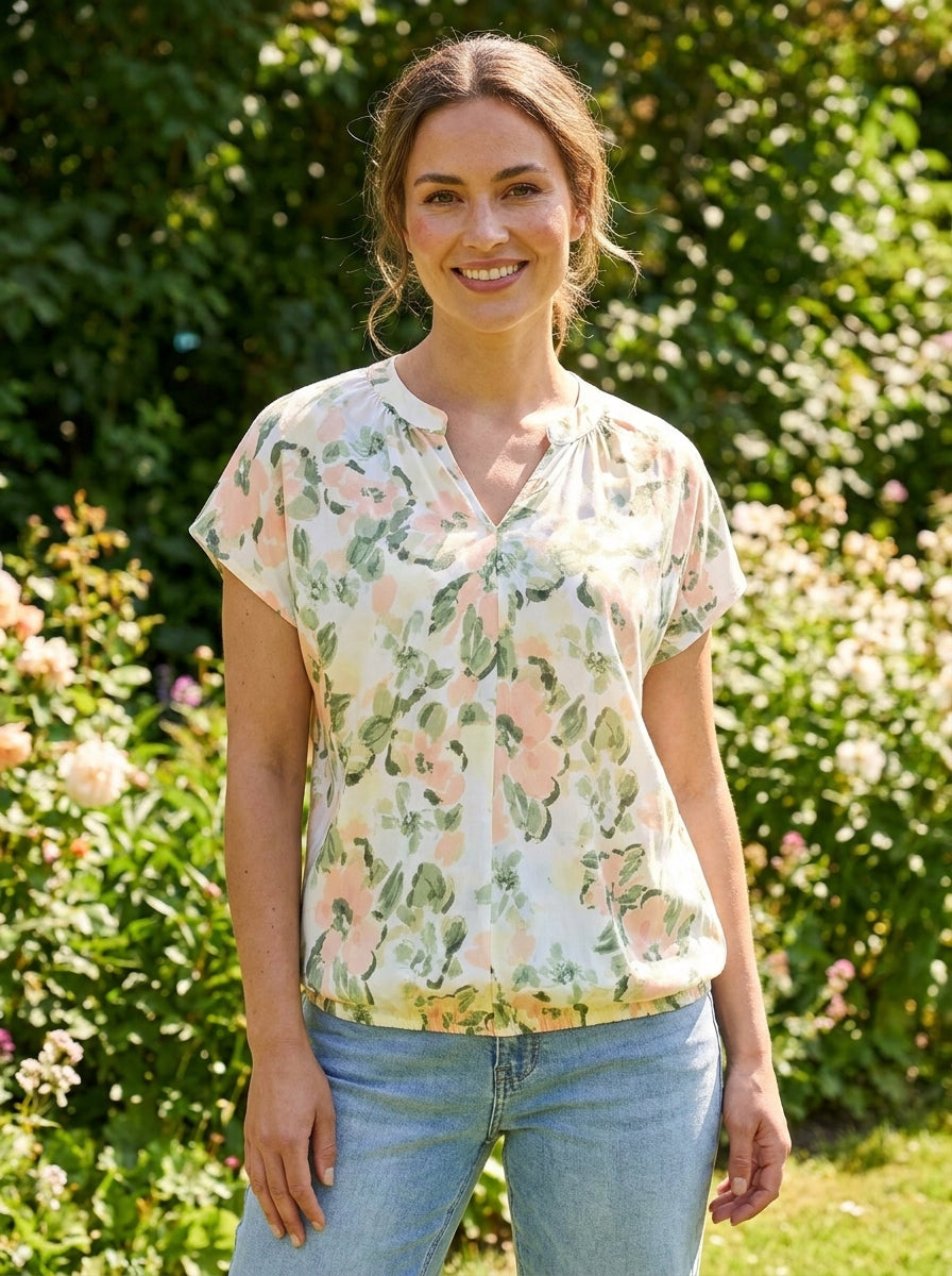 Womens Floral Print V-Neck Blouse Loose Fit Short Sleeve Top