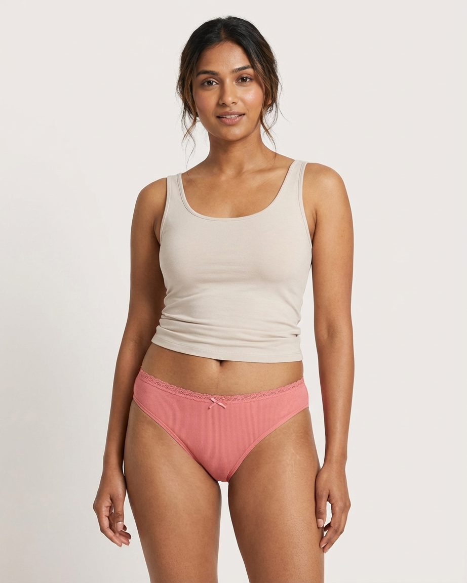 Pack of 5 Womens Ribbed Cotton Lace Waist Half Back Briefs Panty