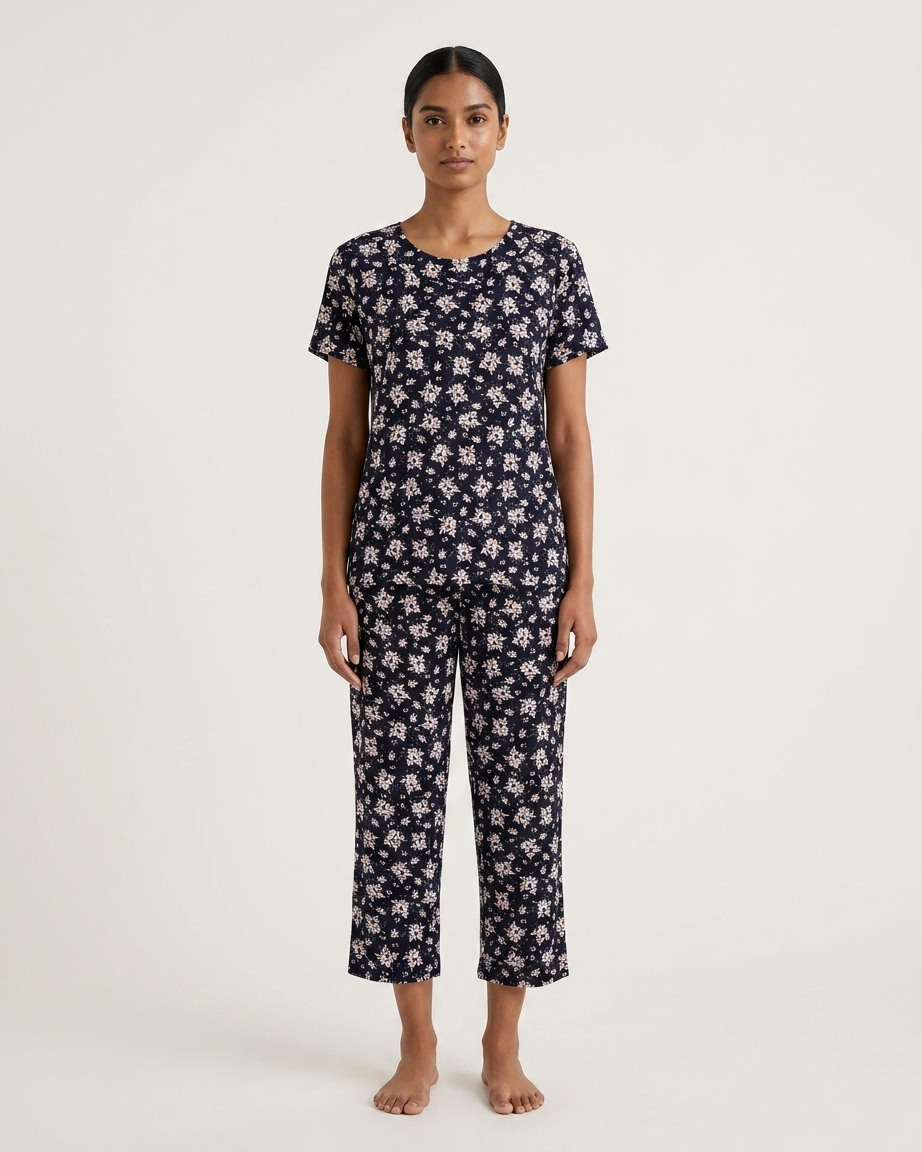Womens Floral Print Short Sleeve Top 3/4 Pajama Set