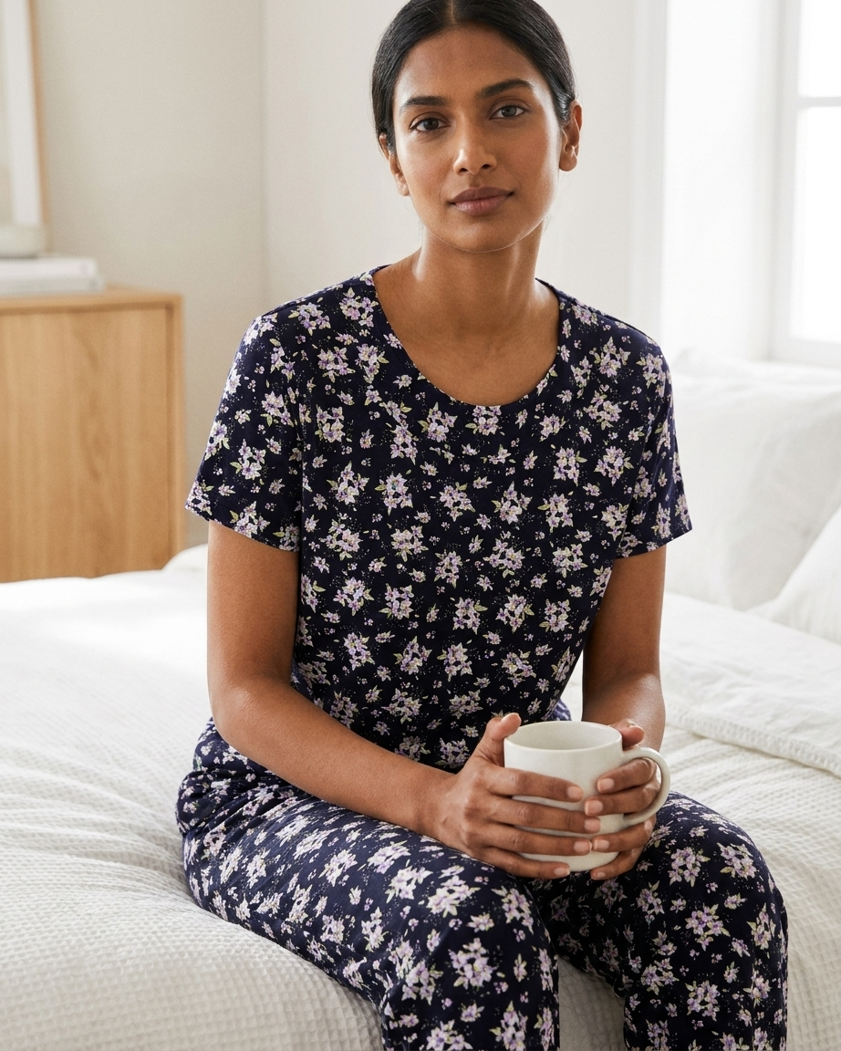 Womens Floral Print Short Sleeve Top 3/4 Pajama Set