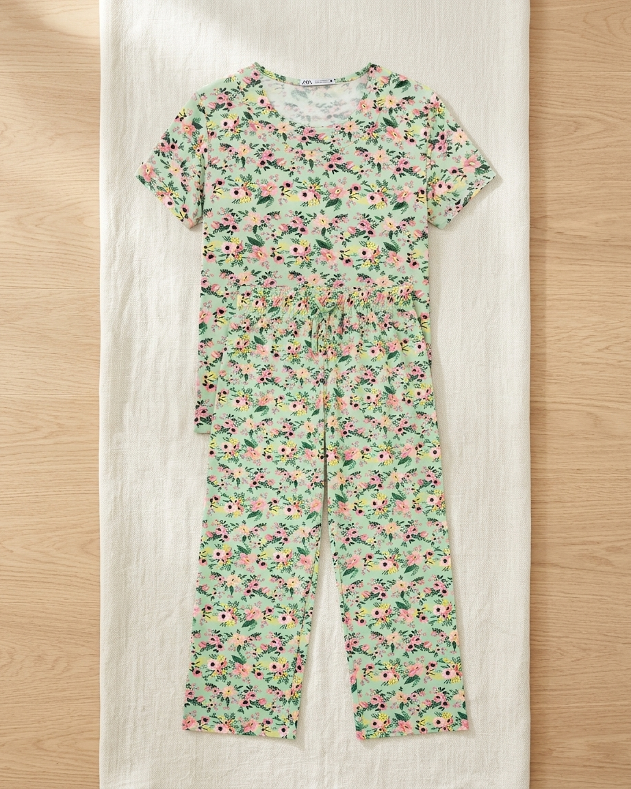 Womens Floral Print Short Sleeve Top 3/4 Pajama Set