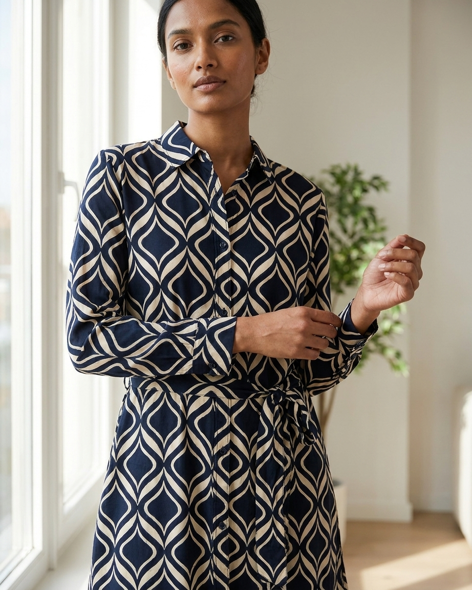 Womens Full Sleeve Abstract Midi Length Shirt Dress