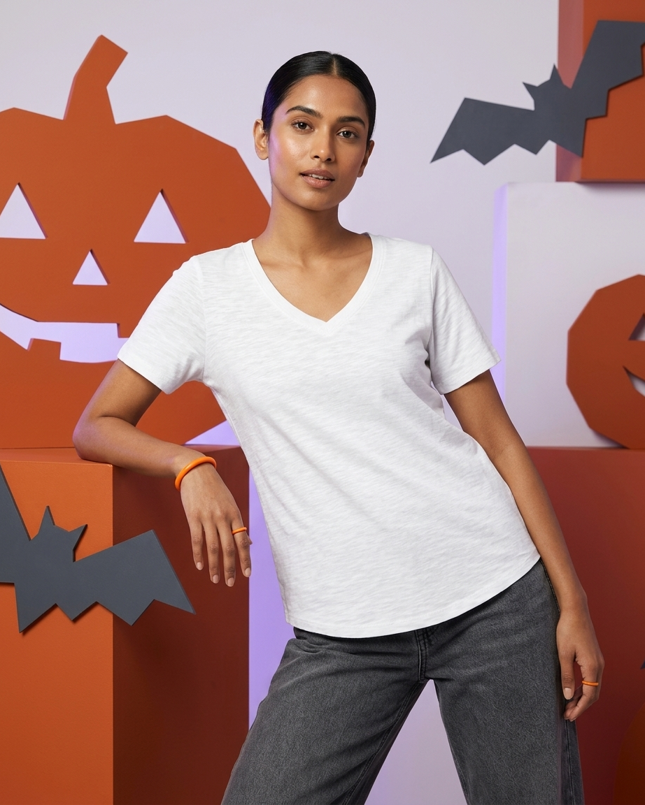 Ladies Short Sleeve V-Neck Cotton T-Shirt
