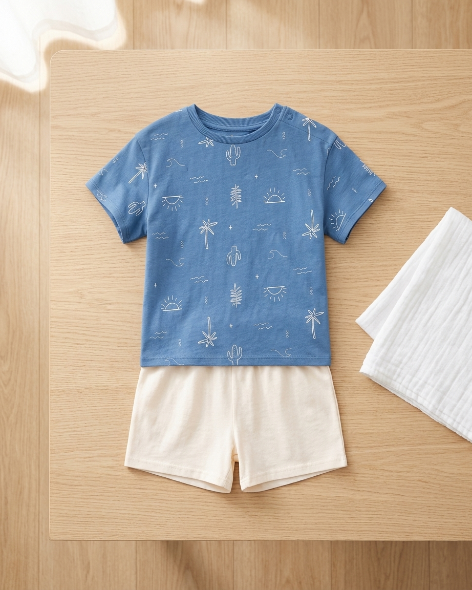 Baby Boys 2-Piece Blue Print Cotton T-Shirt & Shorts Set – With Button