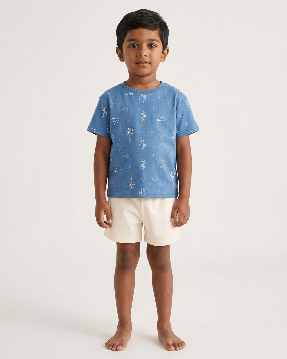 Baby Boys 2-Piece Blue Print Cotton T-Shirt & Shorts Set – With Button