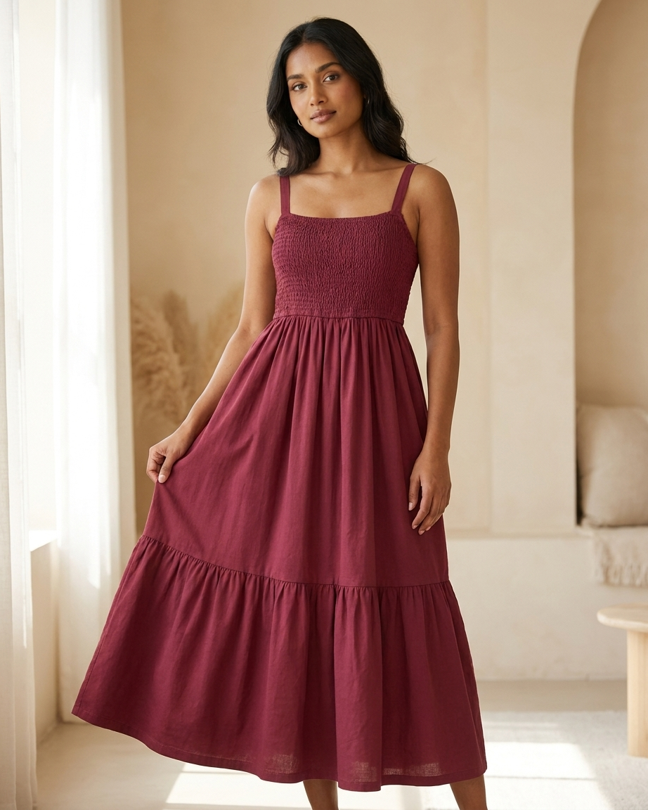 Women’s Cotton Smocked Tiered Maxi Dress with Straps